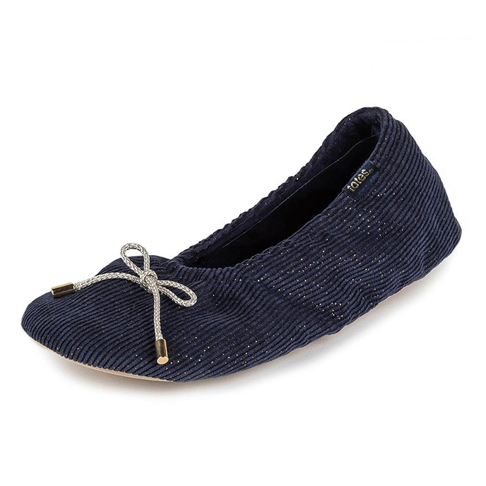 totes Ladies Stretch Velour Ballet Slipper with Bow Navy Extra Image 3